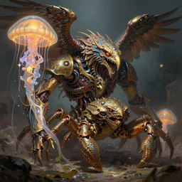 monster character design, fantasy. intricate jellyfish crab eagle lizard biomechanical. by rembrandt, illustration, by digital painting, wlop, higly detailed