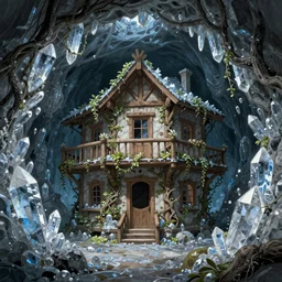 in the underground crystal mine, there is a wooden house villa wrapped by vines. the walls of the villa are inserted with many cold crystals, and the atmosphere is very strong,, trending on artstation, illustrated by greg rutkowskia, 4 k digital art, - w 1 0 2 4
