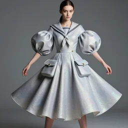 designer figure collection ball shaped accordion sleeve haute couture, sailor uniform, midi skirt, coat pleats, synthetic curves striking pose, dynamic folds, cute huge pockets hardware, volume flutter, young, modeled by modern designer bust, body fit, award fashion, stardust gradient scheme, light holographic tones, expert composition, high detail, professional retouch, editorial photography