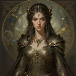 A full portrait of a beautiful post apocalyptic offworld enchanter, intricate, elegant, highly detailed, digital painting, artstation, concept art, smooth, sharp focus, illustration, art by Krenz Cushart and Artem Demura and alphonse mucha