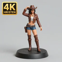 80mm resin detailed miniature of a cow girl, Short brown leather jacket, ten-gallon hat,  over-knee boots, navel, thigh skin, on textured disc base; Miniature product Photos, 4K, Full body;
