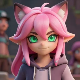 a beautiful headshot portrait of a cute splatoon anime male with pink hair and pink wolf ears green eyes piercings wearing a hoodie. character design by cory loftis, fenghua zhong, ryohei hase, ismail inceoglu and ruan jia. artstation, volumetric light, detailed, photorealistic, fantasy, rendered in octane