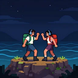 pixel art of a dramatically lit night time scene of two colorful hikers wearing headphones and backpacks dancing quietly on a low rocky outcrop overlooking a wavy sea