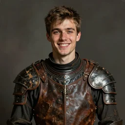 portrait painting of a happy young man wearing a worn, old, cheap, leather gambeson, sharp focus, award - winning, trending on artstation, masterpiece, highly detailed, intricate. art by rebecca guay