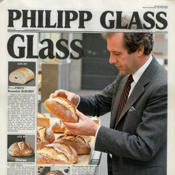 newspaper photo of philip glass buying a loaf of bread, 1990