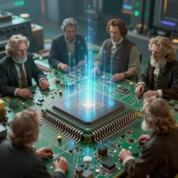 a beautiful hyper realistic detailled matte painting of a microchip by albert bierdstat and rembrandt and john howe, and martin johnson heade matrix, motherboard, barometric projection, featured on artstation, illustration, octane render, cinematic lighting, golden ratio, postprocessing, 8 k, deph of field