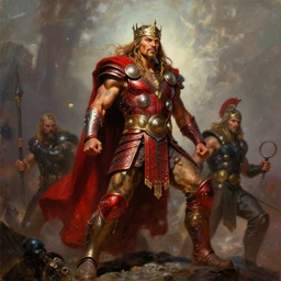 beautiful portrait oil painting, jason momoa conan the barbarian thor standing on a rocky hill, wearing a warrior king crown and royal crimson fantasy ornate spartan dragon scale armor, muscular!!!, action pose, frank frazetta, boris vallejo, greg rutkowski, beautiful cinematic light, low angle, greg rutkowski, high contrast