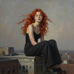 an realistic fine art painting of a early twenties female sitting on top of a building in the city with flowing auburn hair, inspired by Tom Bagshaw, studio portrait, muted colors, detailed hair,  cinematic lighting, trending on artstation, god lighting, 4K