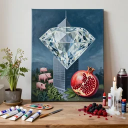 “ a portrait in a female art student ’ s apartment, a big diamond, skyscraper, a pomegranate, art supplies, paint tubes, palette knife, pigs, ikebana, herbs, a candle dripping white wax, squashed berries, berry juice drips, acrylic and spray paint and oilstick on canvas, surrealism, neoexpressionism ”