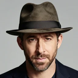 studio photo of ryan reynolds wearing a fedora, professional photo, close up, studio lighting, high quality