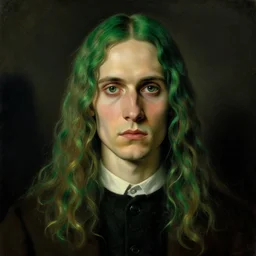the 'american gothic' painting, the man has long curly green hair