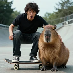 tony hawk is shocked to see skateboarding capibara, photo realistic portrait, cinematic, detailed