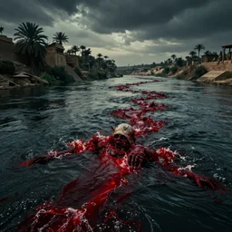 streams of blood spreading through the Nile river in Ancient Egypt, cinematic lighting, epic, horrifying, scary, frightening, disturbing