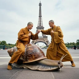 wide angle 4 k photograph of a buddhist monk in a fist fight with a giant snail in paris