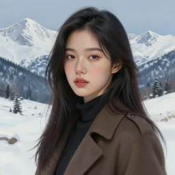 beautiful digital painting of a hoyeon jung stylish female snow - covered mountains with high detail, real life skin, freckles, 8 k, stunning detail, works by artgerm, greg rutkowski and alphonse mucha, unreal engine 5, 4 k uhd