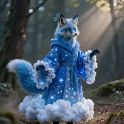 portrait of a starry blue fox peacock druid wearing magic imbued cotton cloud mage robes with led lights stitched on the fabric to resemble stars, cinematic, forest backdrop, dust particles, god rays, led lights, cotton cloud mage robes, dungeons and dragons, fantasy art, real life, photograph, national geographic, dynamic camera angle