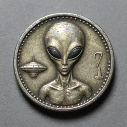an alien or ufo on ancient metal coin