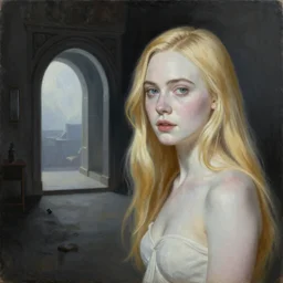 Painting of Elle Fanning next to an Oblivion portal, long blonde hair, delicate, pale milky white porcelain skin, by Edward Hopper. 8K. Extremely detailed.