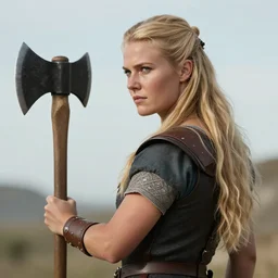 an ultradetailed picture of blonde viking woman facing and holding a battleax, 1 9 8 0 s rom com style, viewed from behind and above, intricate, elegant, illustration, digital painting, burning village in the background, 8 k, fine detail, art by greg rutkowski, frank frazetta, jack kirby, albert aublet, frank herbert, and alphonse mucha