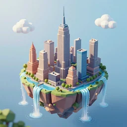 low poly art of new york on a round floating island in the sky, surrounded by waterfalls, isometric art, 3d render, ray tracing, high detail, artstation, concept art, behance, smooth, sharp focus, ethereal lighting, unreal engine 5