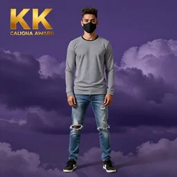 professional colored sketch of a full-body view of a stylish young adult man with short hair wearing a black face mask, a striped long-sleeved shirt, and ripped jeans, high quality, HD, 8K, highly detailed, award-winning, dark purple clouds