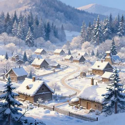 Beautiful detailed high quality illustration of an old Slavic village, beautiful forest on background::vibrant winter, romantic mood, early morning lights::art by Ghibli Studio, League of Legends, Arcane, Wild Rift, trending on artstation