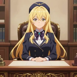 blonde anime woman with long hair, wearing headmistress uniform, sophisticated young woman, sitting in dean's office, ornate designs on desk, sharp details, subsurface scattering, intricate details, art by artgerm, greg rutkowski, hd wallpaper, 2 0 1 9 anime screenshot