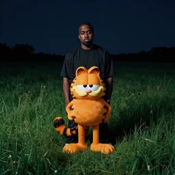 kanye west standing with garfield the cat in the middle of a field of grass at night, dark sky, gloomy, field, photorealistic