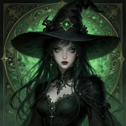 portrait of a young eldritch witch, intricate, fantasy, d & d, elegant, highly detailed, digital painting, artstation, concept art, smooth, sharp focus, illustration, art by artgerm and greg rutkowski and alphonse mucha, 8 k, black and green color scheme