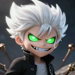 danny phantom white hair glowing green eyes sharp teeth evil grin pointed fangs cute detailed photorealistic fanart trending on tumblr, Ross Tran, Casey Weldon,