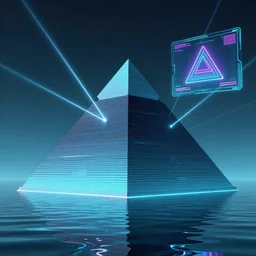 synthwave, retrowave, vaporwave picture of a pyramid in the water, lasers, a hologram by mor than, contest winner, computer art