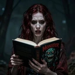 terrified woman holding a monster book, horror high quality DSLR photography
