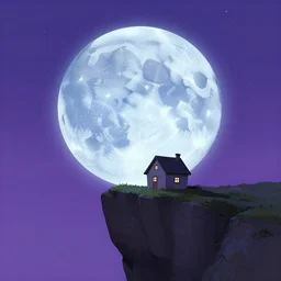 a digital art of a small house on the cliff, a huge icy blue moon, a purple sky full of small stars, by laurie greasley, artstation, studio ghibli color scheme, light effect, highly detailed, by anton fadeev