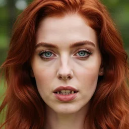 award winning 5 5 mm close up face portrait photo of an anesthetic and beautiful redhead woman who looks directly at the camera with blood - red wavy hair, intricate eyes that look like stars, and fangs, in a park by luis royo. rule of thirds.