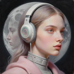 3 d, close - up, sci - fi accessories, fashion model, moon, poster art, high detail, intricate oil painting, multiple exposure, pastel color palette, hyperrealism, 3 d, by tooth wu and wlop and beeple and greg rutkowski