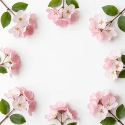Frame of delicate flowers spring pink flowers on white background