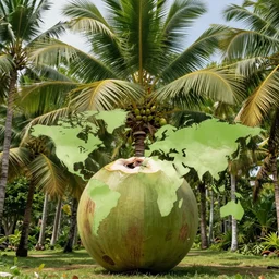 a tropical coconut tree merging into more trees to create one super coconut tree of life that generates a coconut as large as the world to create a new species award winning