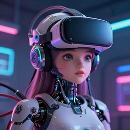 Cute cyborg girl with VR helmet , surrounded by cables , illustrated by Greg Rutkowski and Moebius, 35mm lens, beautiful macro close-up imagery, vibrantly lush neon lighting, beautiful volumetric-lighting-style atmosphere, a dark future atmosphere, intricate, ultra detailed, photorealistic imagery, trending on artstation, 4k, 8k