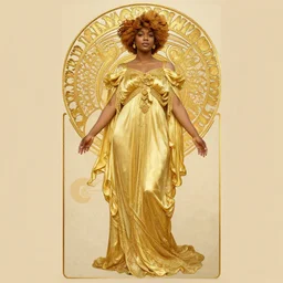 Victorian beautiful African woman wearing a flowing golden dress, full body, full length, Art Nouveau, style of Alphonse Mucha, gilded, baroque, filigree border, insanely detailed and intricate, hypermaximalist, elegant, ornate, hyper realistic, super detailed, gritty texture, high contrast, Aaron Horkey