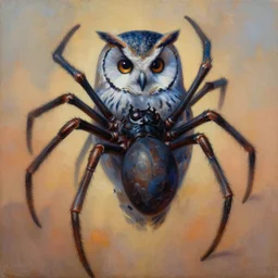 painting of hybrid between spider!!!! & owl, intercrossed animal, mixture animal, by zdzislaw beksinski, by tiffany bozic, cold hue's, warm tone gradient background, concept art, beautiful composition, digital painting