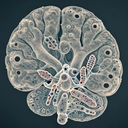 light photomicrograph of brain tissue 100X Magnification, synaptic patterns of nerve cells with holes in the membranes, swiss cheese pattern, synaptic spindles of neurons, many spindles of aggregations, amalgamations, entanglements, neural decay