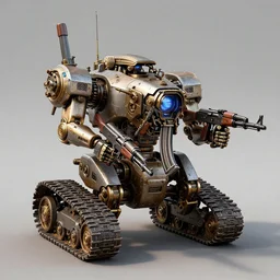 A tracked steampunk robotic fighting machine holding four AK-47s.