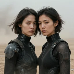 octane render photographic portrait by helen levitt of two loving female androids wearing rugged black mesh techwear on a desolate plain, extreme closeup, modern cyberpunk, dust storm, 8 k, hd, high resolution, 3 5 mm, f / 3 2, ultra realistic faces, trending on artstation, ex machina