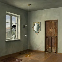 a leaky faucet, a broken window, a chipped vase, a cracked mirror, a torn painting, a cracked ceiling, a sagging floor, a wet carpet, a mildewed wall, a rotted door, a rusty gate, zen, surrealist, by magritte and monet
