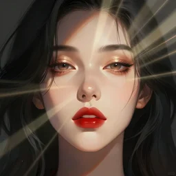 close - up fantasy portrait illustration of woman's face with black hair and red lipstick, backlit dynamic lighting, radiant beams of sunlight radiating upward, trending on artstation, digital art ( by jesper ejsing ) ( by clint cearley ) ( by raluca marinescu )