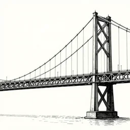steel suspension bridge built in 1 9 2 8, side view, woodcut style,