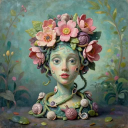 eadshot of a trickster nature, head made of fruit and flowers in the style of arcimboldo, fragonard, covered with tendrils and snail shells, oil painting, ethereal, atmospheric lighting, action figure, clay sculpture, claymation, turquoise pink and green, botanical rainbow backdrop