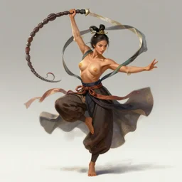 full body portrait of a barefoot dancer using a silk belt as weapon, barefoot, tanned skin, vivacious, athletic, absurdly beautiful, hanfu, fully clothed, covered chest, chinese ribbon dance, silk belt, scorpion whip, battle, wuxia, martial arts, ming dynasty, detailed, anatomically accurate, fantasy illustration, artstation, ghostblade, wlop.
