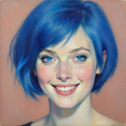 a beautiful painting of a smiling woman with stylish short blue hair and sparkling blue eyes representative of the art style of artgerm and wlop and peter mohrbacher