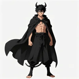 mazoku, demon boy, yokai boy wearing vantablack cloak, vantablack cape, muscular boy, demon tail